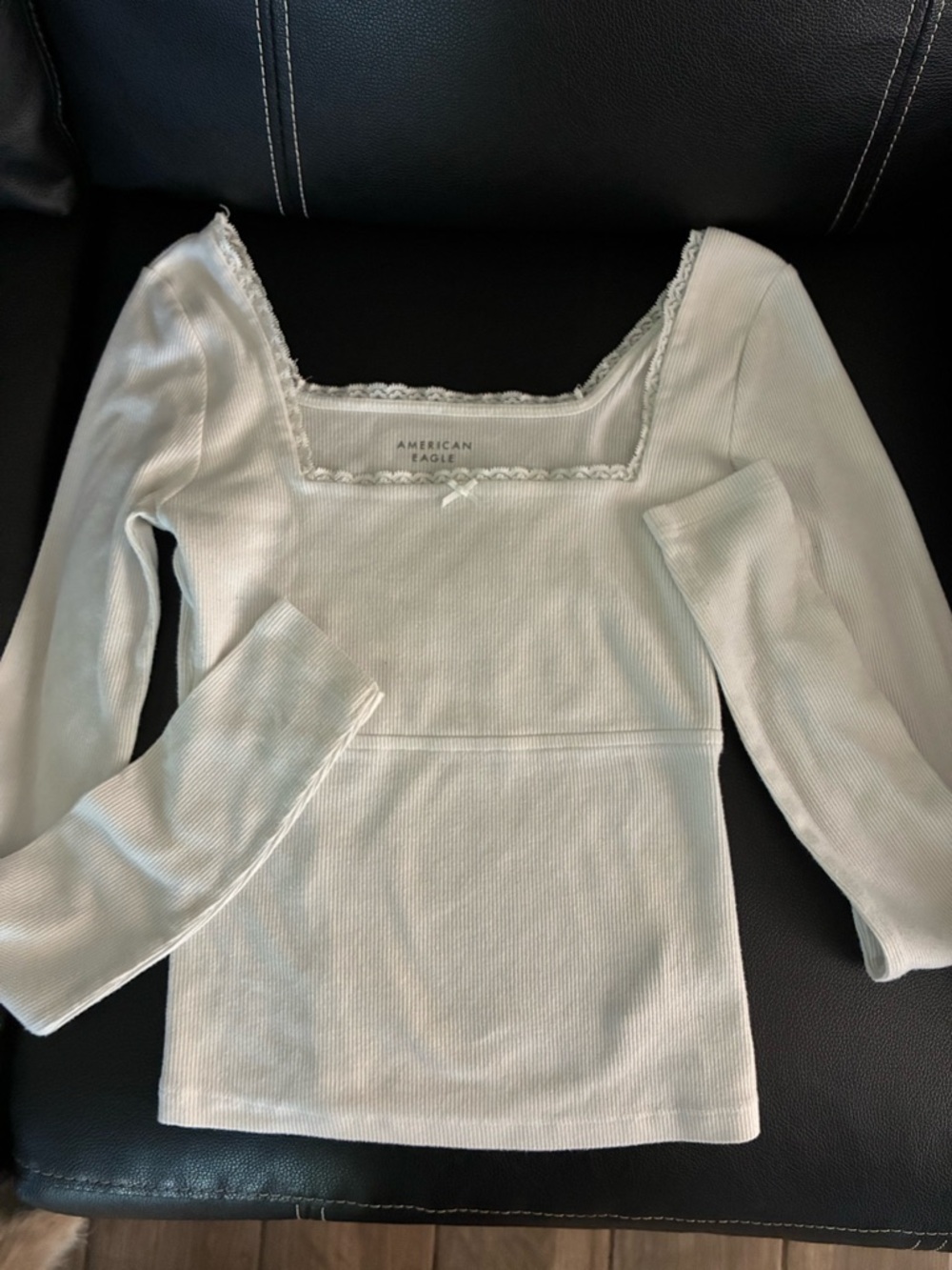 American Eagle Outfitters Ribbed Lace-Trim Long Sleeve Top - Light Sage